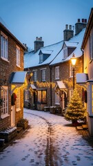 Fototapeta premium Snowy evening in quaint village with festive christmas decorations and warm streetlights