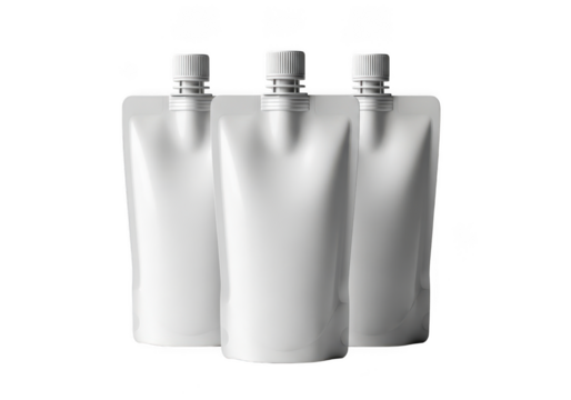 Three blank silver stand up spout pouches for liquid product packaging isolated on transparent background