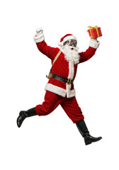 elderly caucasian man in a detailed red velvet santa suit, wearing aviator goggles and crude cardboard wings, leaping dynamically against a high-key white background, holding a gift. concept of fast
