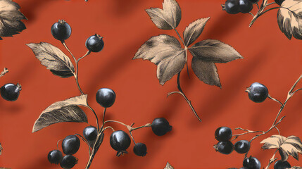 Rustic folk art leaves and black berries in a seamless repeating pattern, charming and stylized. isolated on a warm, solid burnt orange background.