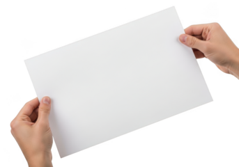 Two hands holding a blank white sheet of paper or document isolated on transparent background for copy space presentation or message
