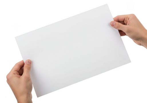 Two hands holding a blank white sheet of paper or document isolated on transparent background for copy space presentation or message