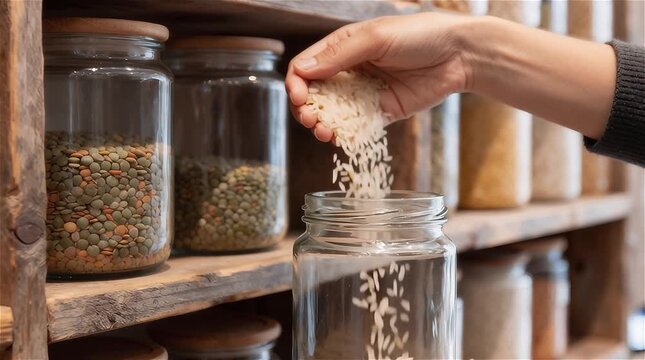 Manos llenando un frasco de vidrio con granos en una tienda a granel - Powered by Adobe