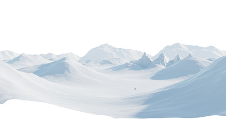 A vast, highly stylized 3d render of an arctic landscape with pristine snow drifts and sharp glacial formations, contrasted by an infinite transparent background for copy space. concept of extreme