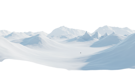 A vast, highly stylized 3d render of an arctic landscape with pristine snow drifts and sharp glacial formations, contrasted by an infinite transparent background for copy space. concept of extreme