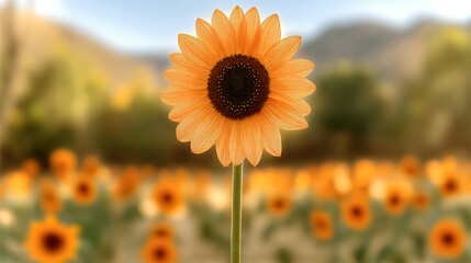 Close up photo of a lone towering sunflower. Behind him are standing rows of bright sunflowers, their black centers heavy with seeds. Flowering.