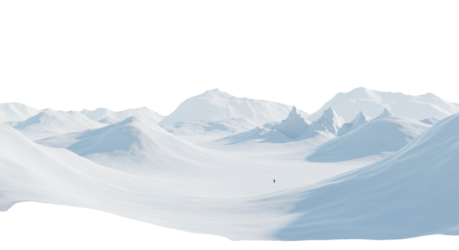 A vast, highly stylized 3d render of an arctic landscape with pristine snow drifts and sharp glacial formations, contrasted by an infinite transparent background for copy space. concept of extreme