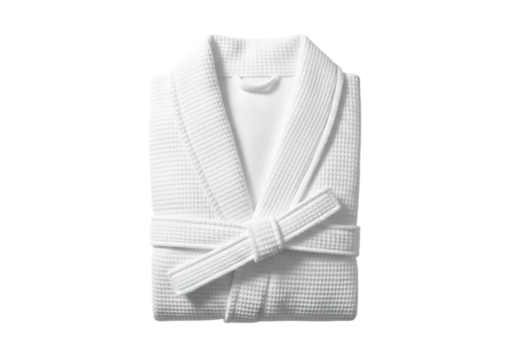 Folded white waffle knit bathrobe, top down view, clean comfort isolated on transparent background
