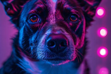 Obraz premium Captivating close-up of a domestic dog's face illuminated by vibrant neon blue and pink lights, showcasing its expressive eyes and unique nocturnal aesthetic