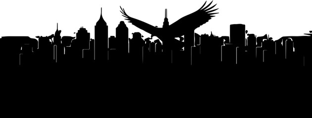 Powerful eagle soars above urban skyline, symbolizing freedom, strength, and vision, perfect for travel, nature, or business concepts with bold design