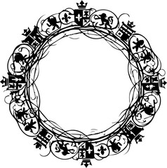 Elegant heraldic wreath border for luxury design projects, stunning vintage style frame with royal crests and flourishes, ideal for invitations