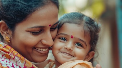 A tender scene of a mother and child embracing, set against an outdoor backdrop, evoking feelings of love and familial connection.