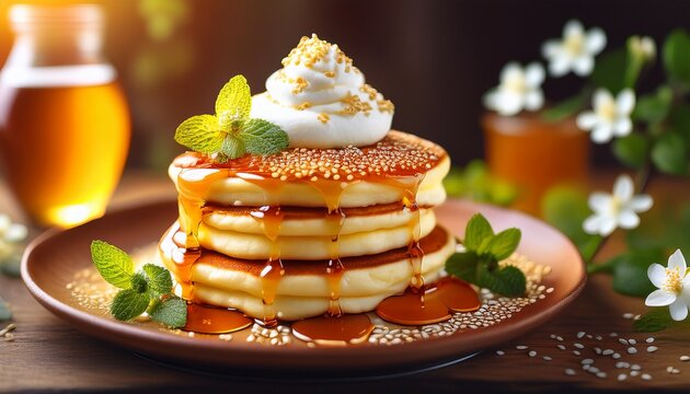 stack of fluffy souffle pancakes drizzled in amber syrup topped with whipped cream sesame seeds flowers and mint in soft warm light