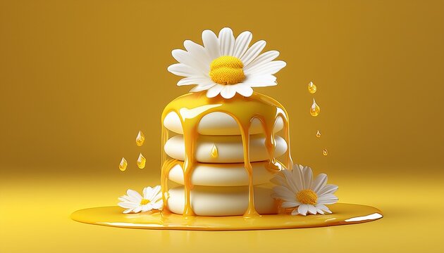 stylized stacked dessert with daises dripping syrup and white cream on yellow backdrop studio shot 3d render minimalist clean cheerful