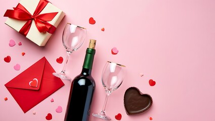Valentine's Day romantic flat lay with wine bottle, glasses, gift box, red envelope and chocolates on pink background with copy space