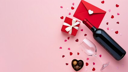 Valentine's Day romantic flat lay with wine bottle, glasses, gift box, red envelope and chocolates on pink background with copy space