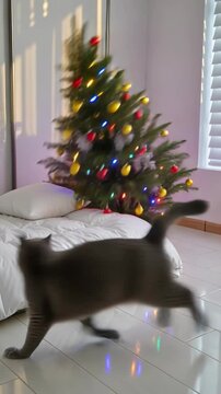 cat knocks over a Christmas tree, a funny incident, white bedroom showcases jumping cat near grey pillow and festive Christmas tree with ornaments and string lights,  family warmth, festive decor