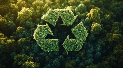 A sign for recycling set against the backdrop of a lush forest.