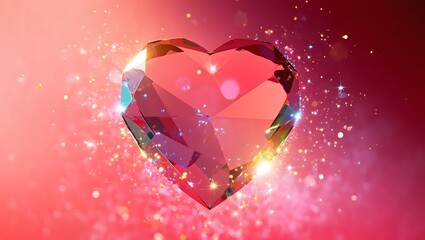 Sparkling Red Crystal Heart Gemstone with Glitter and Pink Bokeh Background