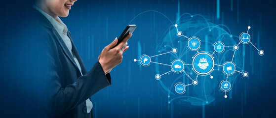 A business professional interacts with a smartphone while surrounded by futuristic technology icons, representing the connection between digital marketing and data analytics. Tessel