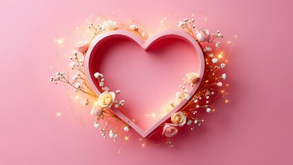 3D Pink Heart Frame Background with Roses, Fairy Lights, and Copy Space for Valentine's Day or Wedding Invitation