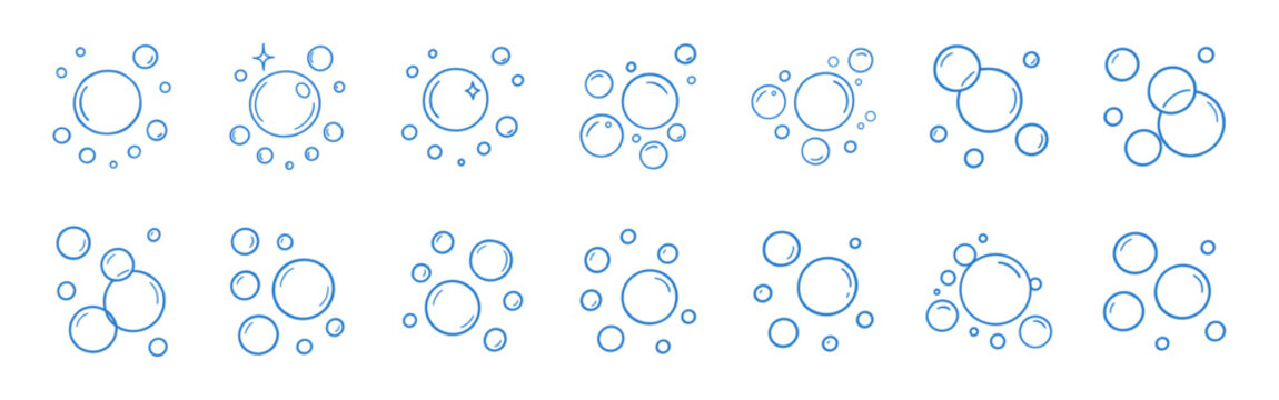 Soap bubble doodle set. Water foam fizzy clean cartoon icons underwater illustration on transparent background