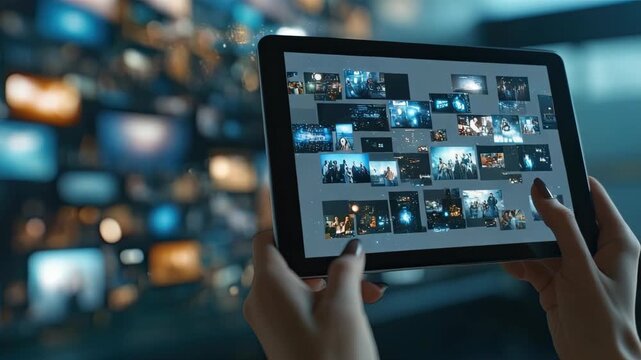 Someone navigates through a collection of images on a tablet as other screens show different visuals in a dim environment