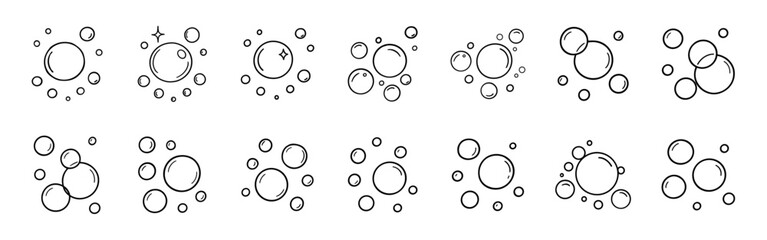 Water bubble doodle set. Hand drawn line sketch style soap bubbles and water drops illustration, fizzy foam sparkle, clean cartoon icons on transparent background.