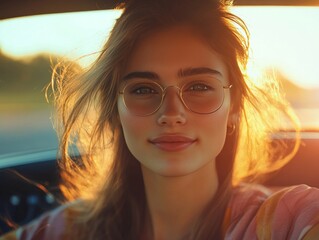 A young woman with glasses and curly hair is seen taking a selfie in an interior car setting during a beautiful sunset.