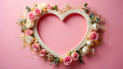 3D Pink Heart Frame Background with Roses, Fairy Lights, and Copy Space for Valentine's Day or Wedding Invitation