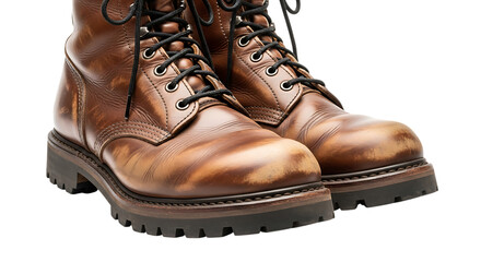 Close up of a pair of brown leather work boots with black laces tied tight backgroung transparent