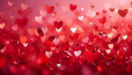 Falling Red Rose Petals on Romantic Blurred Bokeh Background