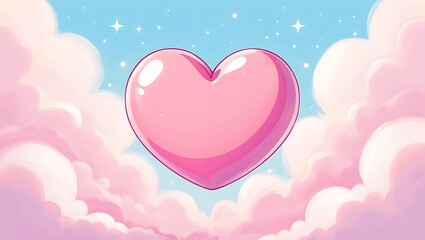 Glossy Pink Heart Floating in Soft Pastel Clouds and Blue Sky Background for Valentine's Day