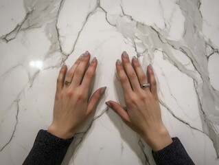 A woman showing off her painted nails on a marbled tabletop.