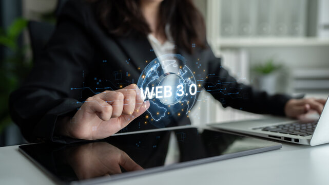 Concept of Web 3.0, the next generation of the internet. This technology represents a decentralized global network built on blockchain, enabling new digital experiences. Fermion