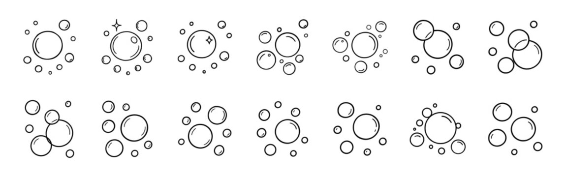 Water bubble doodle set. Hand drawn line sketch style soap bubbles and water drops illustration, fizzy foam sparkle, clean cartoon icons on transparent background.
