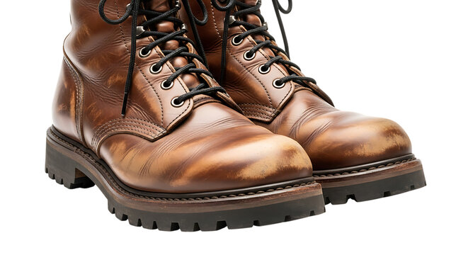 Close up of a pair of brown leather work boots with black laces tied tight backgroung transparent