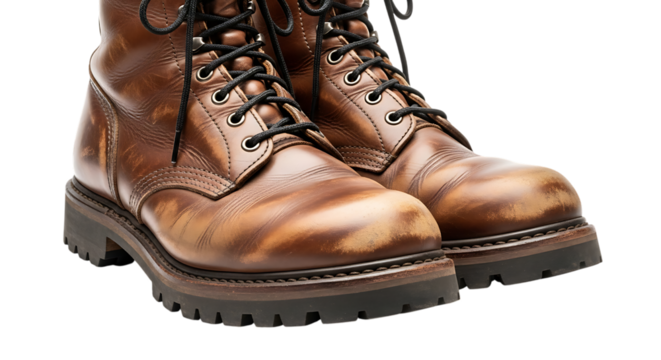 Close up of a pair of brown leather work boots with black laces tied tight backgroung transparent - Powered by Adobe