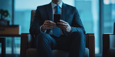 Business professional holding cell phone with blue tie and suit attire seated on modern chair near window with cityscape view