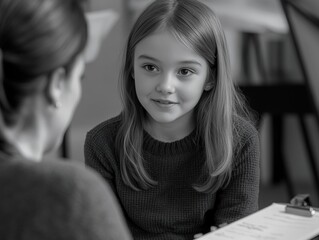 The young girl is attentively listening to a conversation with her eyes looking up.