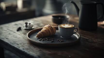 A warm cup of coffee with latte art and a croissant on a rustic wooden table, steam rising, creating a cozy and inviting atmosphere