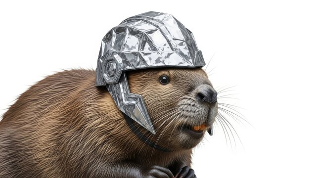 beaver wearing a tinfoil hat, paranoid, paranoia, on a white background, animal photo