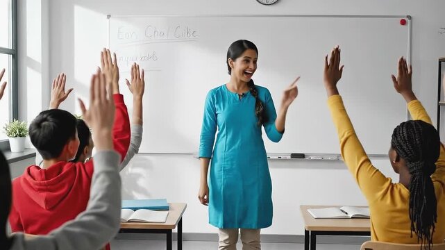 Engaging teacher interacts with enthusiastic students in a bright classroom, encouraging participation, camera pans to capture the lively atmosphere