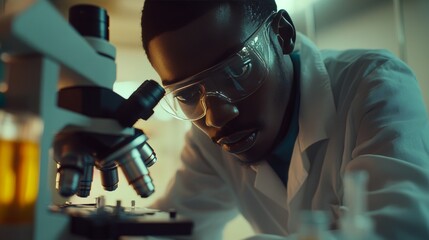 A young scientist wearing a lab coat and safety goggles examines bacteria samples under a microscope in a laboratory setting. The image conveys the importance of scientific research and exploration.