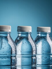 A collection of bottled waters with white caps on a blue background.