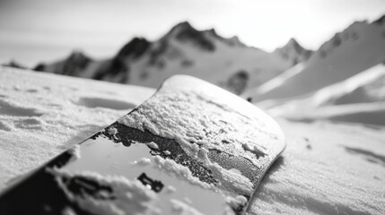 Aerial view of snow covered mountain peaks in the distance and a close-up of a snowboard with white snow on it.