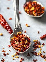 A silver spoon filled with red pepper flakes surrounded by more flakes and whole dried red chilies.