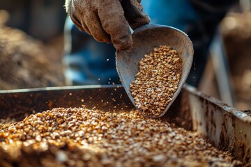 An industrial worker is sifting through piles of grains with a shovel