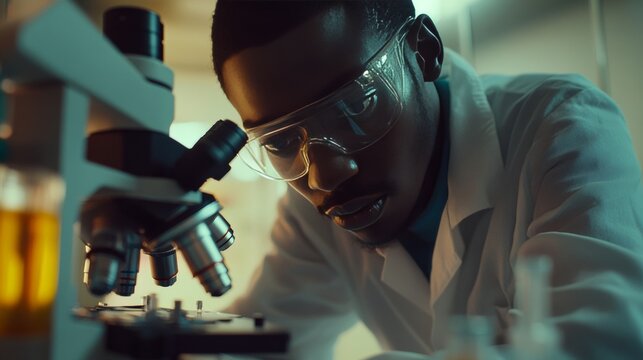 A young scientist wearing a lab coat and safety goggles examines bacteria samples under a microscope in a laboratory setting. The image conveys the importance of scientific research and exploration.
