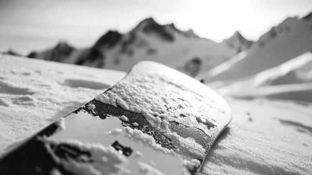 Aerial view of snow covered mountain peaks in the distance and a close-up of a snowboard with white snow on it.